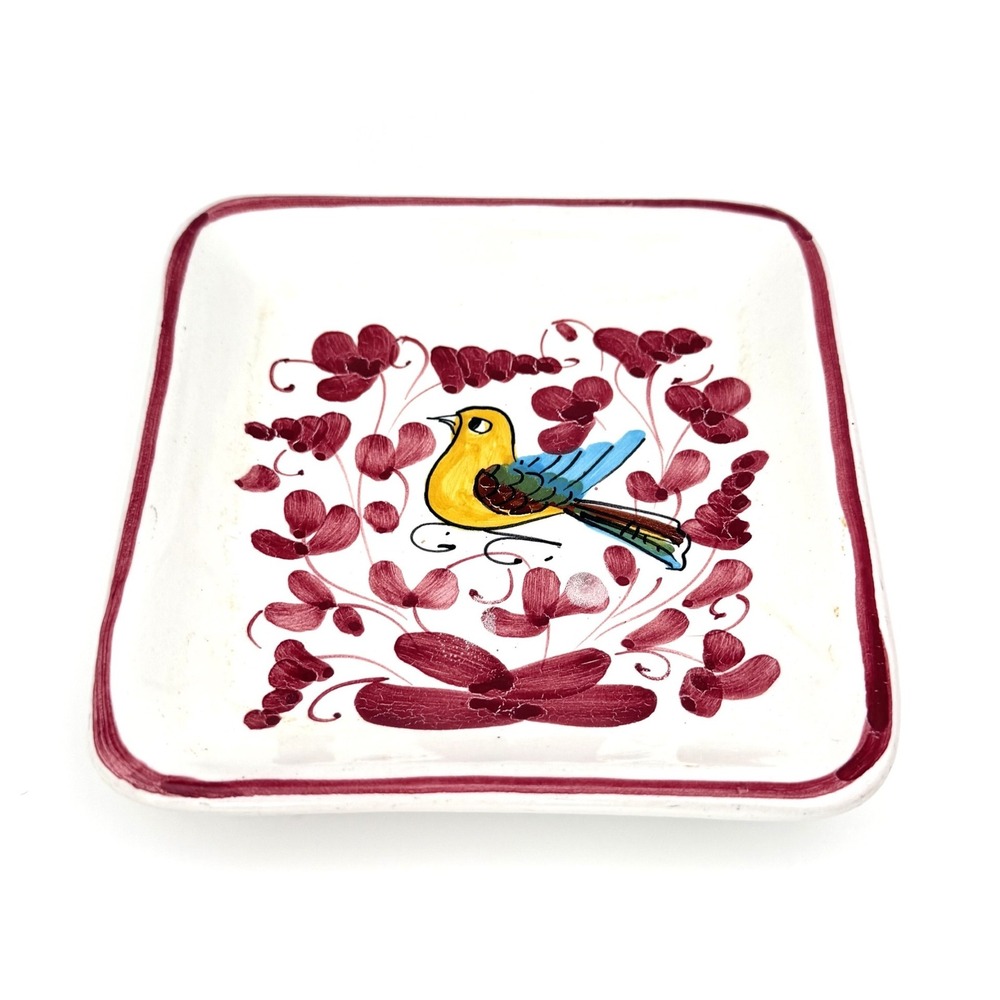 Vintage Deruta Italy Red Arabesco Trinket Dish Hand Painted Yellow Bird Square
